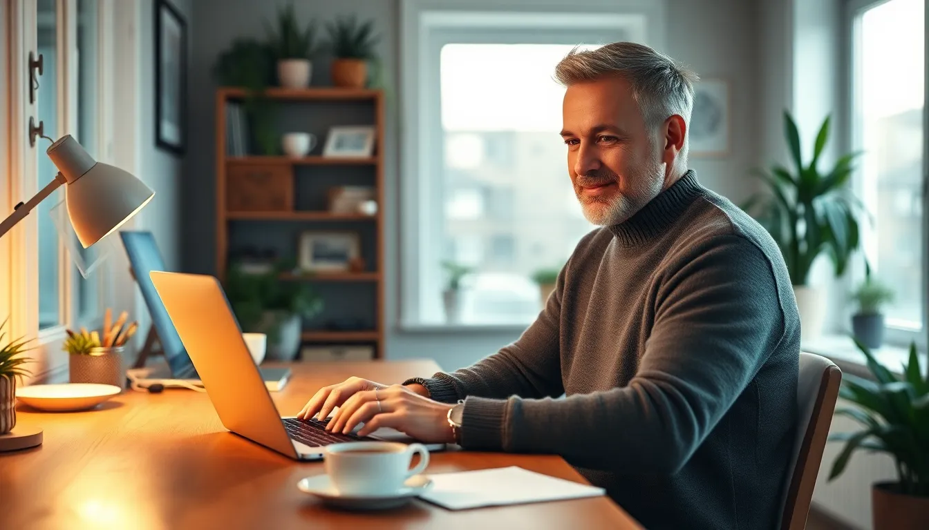 Ein entspannter Mann um die 50 folgt konzentriert am Laptop einer Onlinetherapie