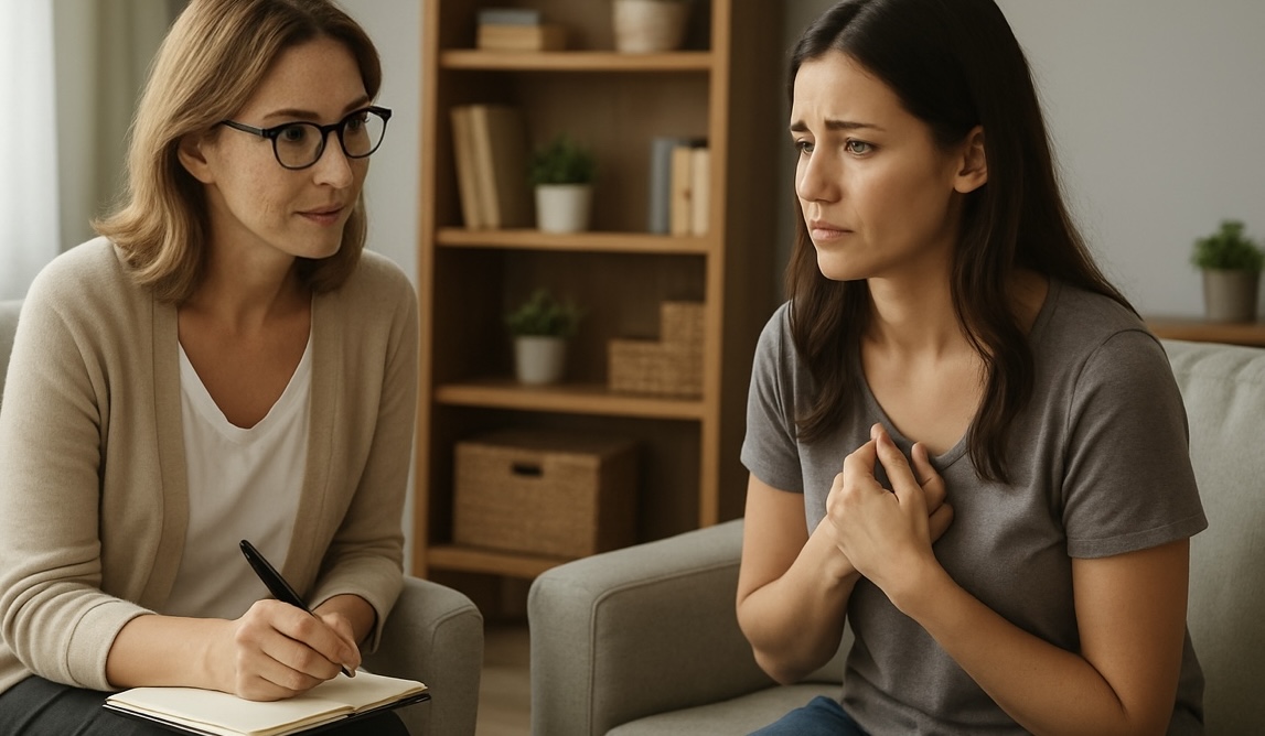 Eine junge Frau mit Panikstörung macht bei einer Psychotherapeutin eine kognitive Verhaltenstherapie. Diese macht sich Notizen zu den Angstsymptomen.