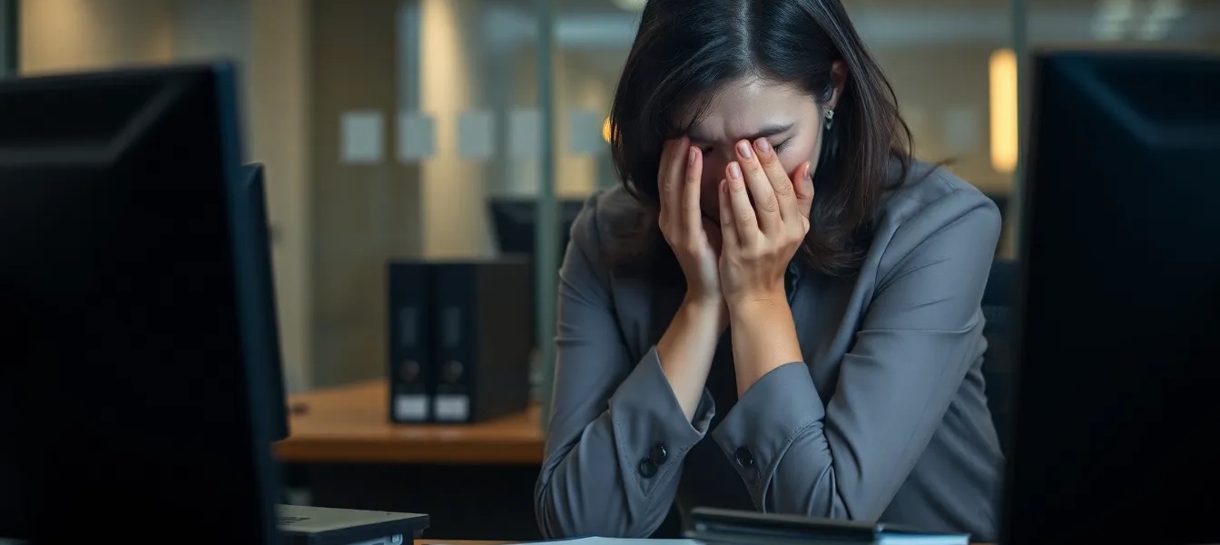 Eine Frau sitzt erschöpft und überfordert allein im Büro, Symbolbild für beruflichen Stress als möglicher Auslöser einer Panikstörung.