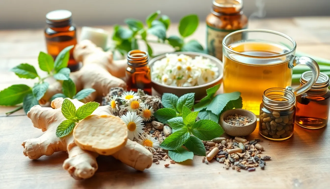 Verschiedene pflanzliche Mittel bei Emetophobie, darunter Ingwer, Pfefferminze, Kamille, B-Vitamine und Entspannungstee auf Holztisch.