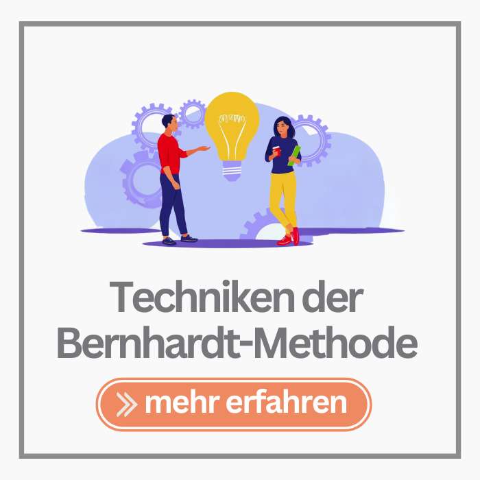Grafik zweier Menschen, in der Mitte eine Glühlampe, Text darunter: Techniken der Bernhardt -Methode