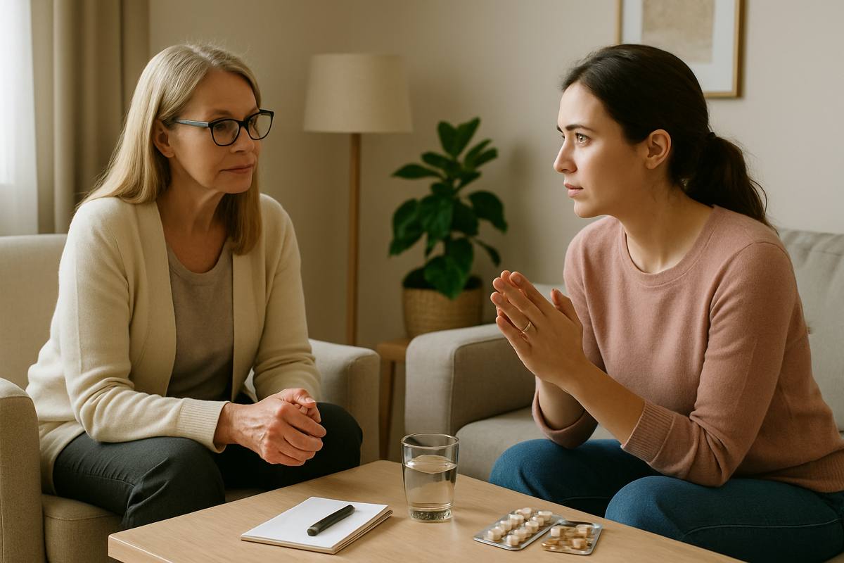 Therapeutisches Gespräch zwischen einer Psychotherapeutin und ihrer Patientin. Es geht um Emetophobie, die Angst vor dem Erbrechen. Beide sitzen, for ihnen auf dem Tisch befindet sich ein Notizblock samt Stift, ein Glas Wasser und ein paar Medikamente.