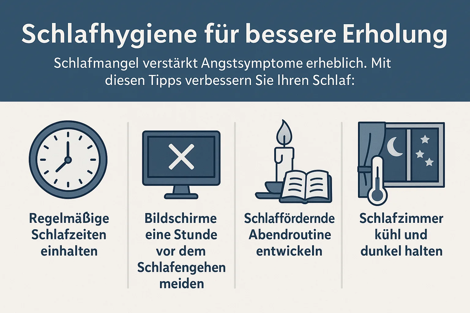 Infografik zeigt vier Schlafhygiene-Tipps zur Linderung von Panikstörung: regelmäßige Zeiten, Bildschirmverzicht, Abendroutine und kühle Umgebung.