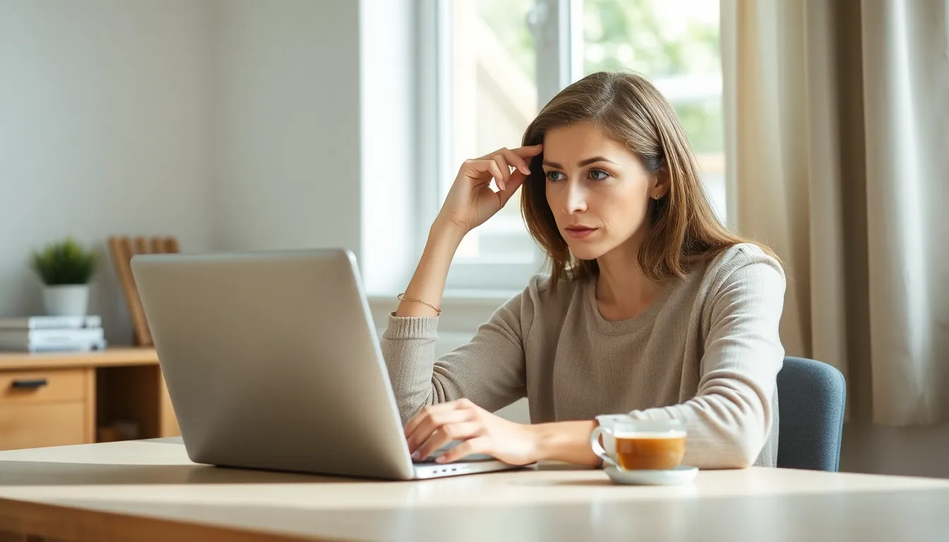 Eine Frau mit besorgtem Blick sitzt zu Hause am Laptop und macht einen Selbsttest, um Hinweise auf eine mögliche Panikstörung zu prüfen.