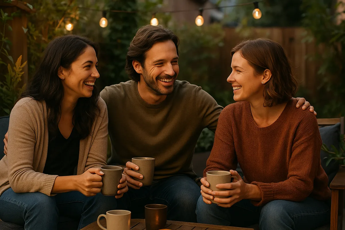 Drei Freunde sitzen entspannt beisammen und lachen miteinander – Symbol für soziale Verbindungen als schützender Faktor bei Panikstörung.