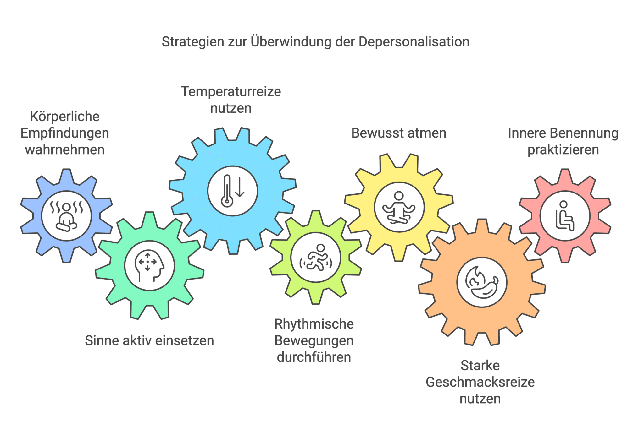 Grafik mit Zahnraedern zeigt verschiedene Strategien zur Ueberwindung von Depersonalisation, wie Sinneswahrnehmung und Atmung.