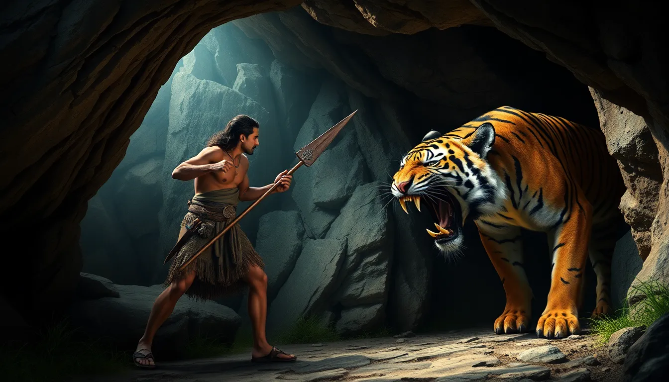 Ein Mann mit Speer stellt sich in einer dunklen Höhle einem angreifenden Tiger entgegen. Szene veranschaulicht Stressreaktionen, insbesondere den Flucht- oder Kampfmodus, der durch Adrenalin ausgelöst wird.