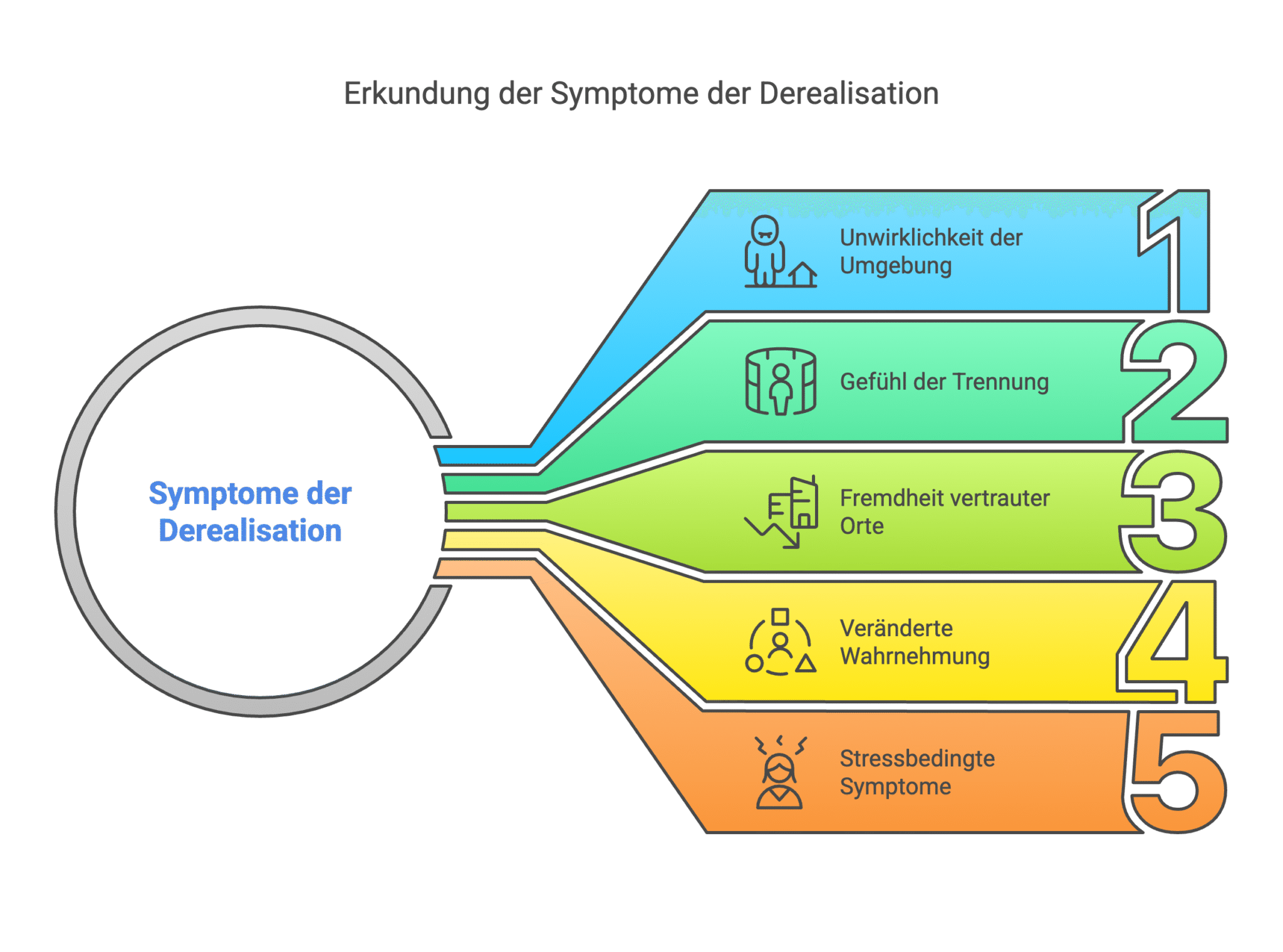 Infografik zu den Symptomen der Derealisation, zeigt Unwirklichkeit, Trennung, Fremdheit und veraenderte Wahrnehmung der Umwelt.