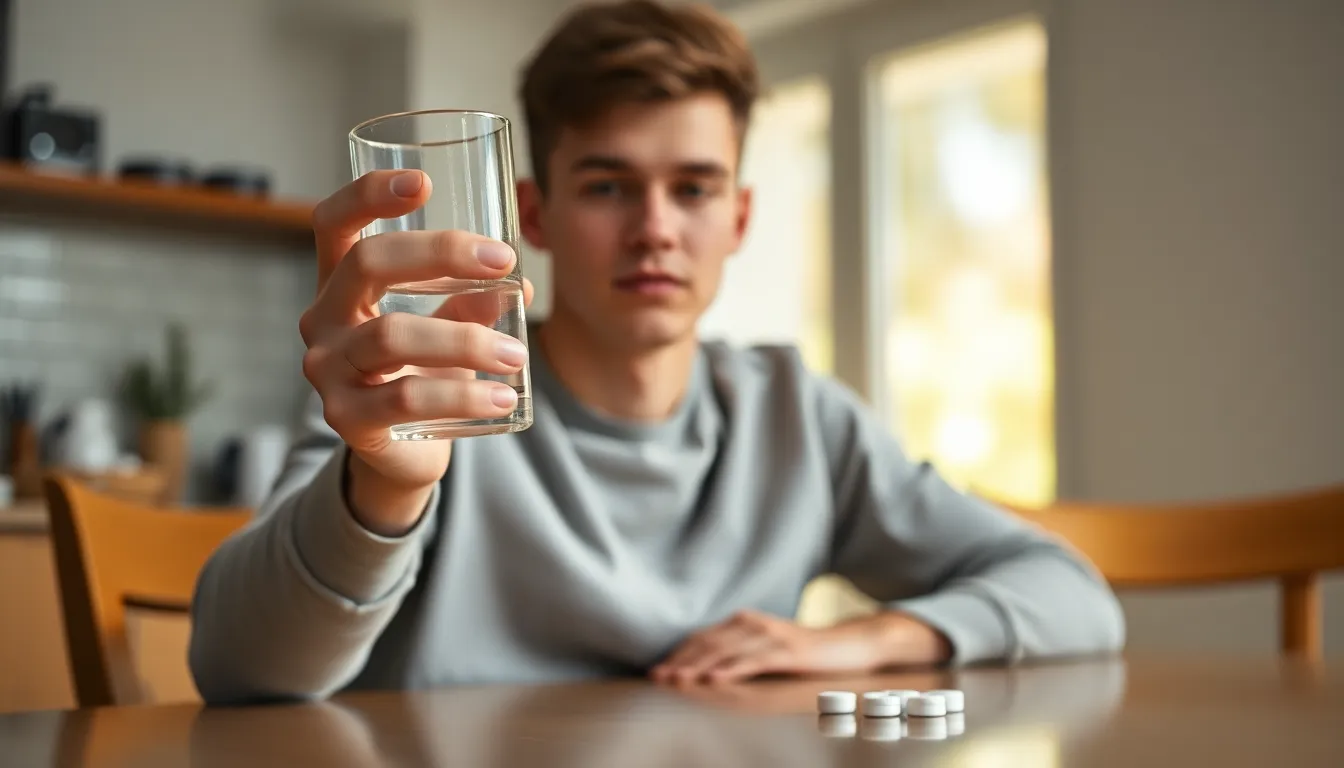 Eine Person hält Tabletten in der Hand und nimmt sie mit Wasser ein – ein stiller Moment, der die Behandlung einer Panikstörung zeigt