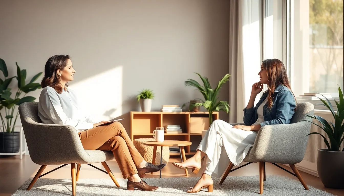 Zwei Frauen sitzen sich gegenueber in Sesseln und fuehren ein Gespraech, moeglicherweise eine Therapiesitzung ueber Depersonalisation.