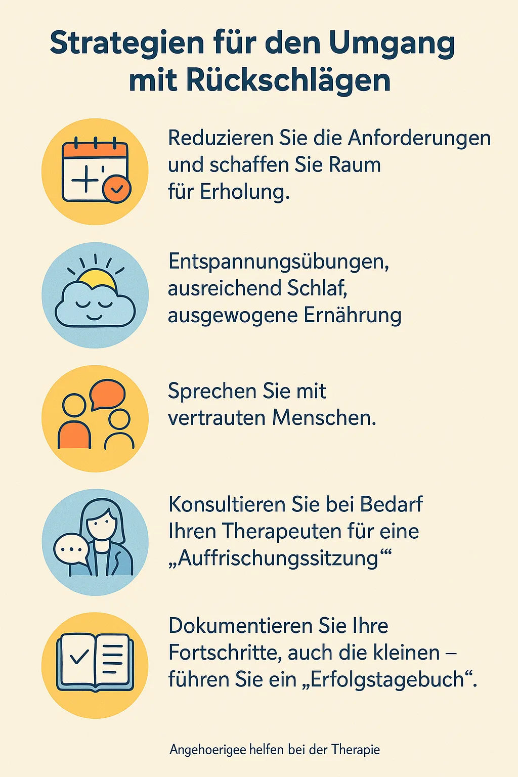 Die Infografik zeigt fünf Strategien zum Umgang mit Rückschlägen bei Panikstörung, darunter Erholung, Gespräche und Erfolgstagebuch.
