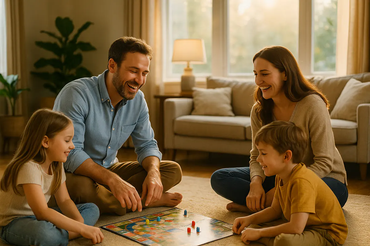 Eine Familie sitzt im Wohnzimmer und spielt gemeinsam ein Brettspiel – ein Moment der Nähe im Sinne der Akzeptanz-und-Commitment-Therapie