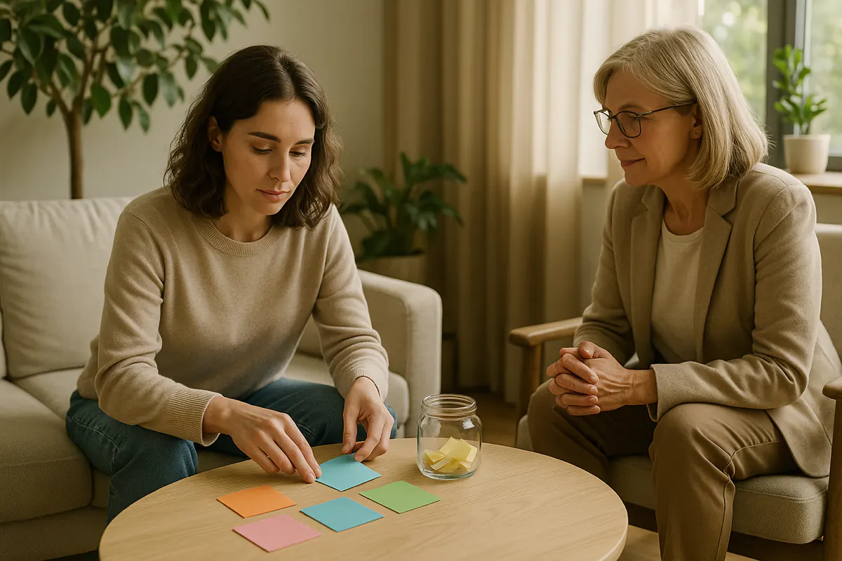 Eine Frau sortiert farbige Zettel in einer Therapiesitzung zur Akzeptanz-und-Commitment-Therapie, begleitet von einer Therapeutin
