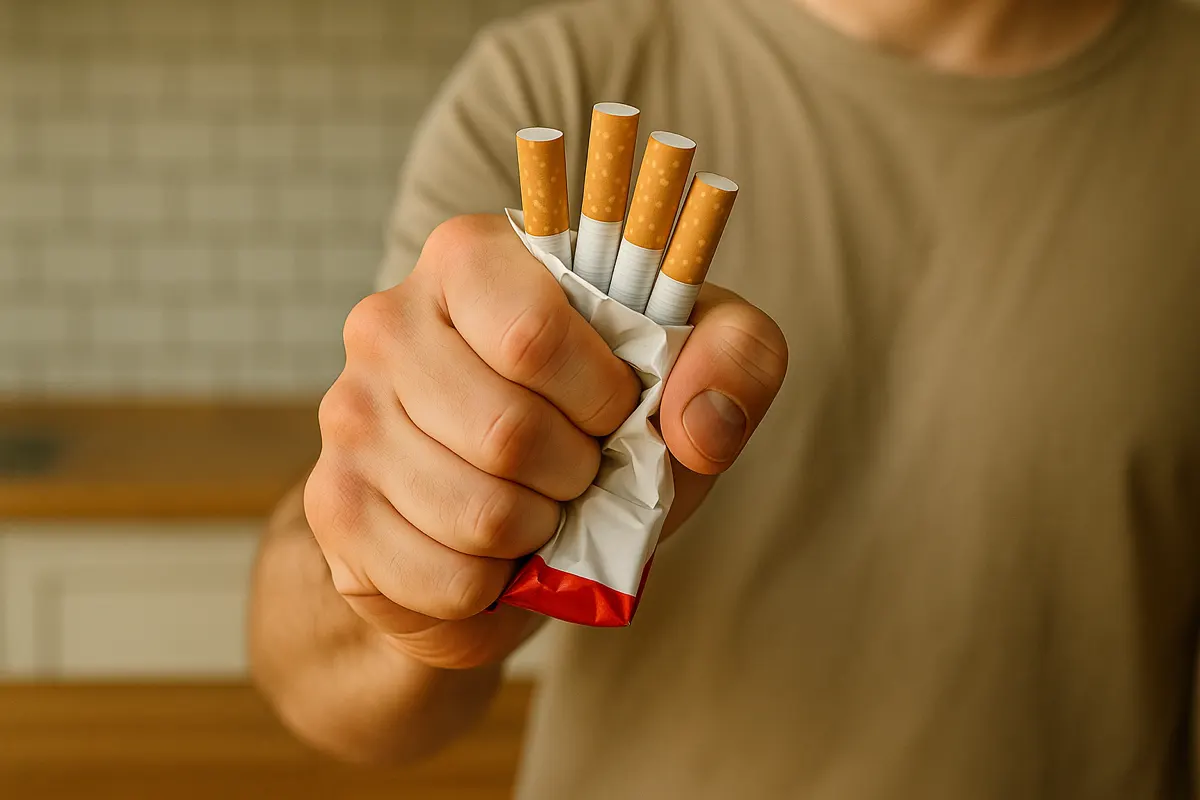 Nahaufnahme der Hand eines jungen Mannes, die wegen Panikattacken eine volle Zigarettenschachtel wütend zerdrückt.