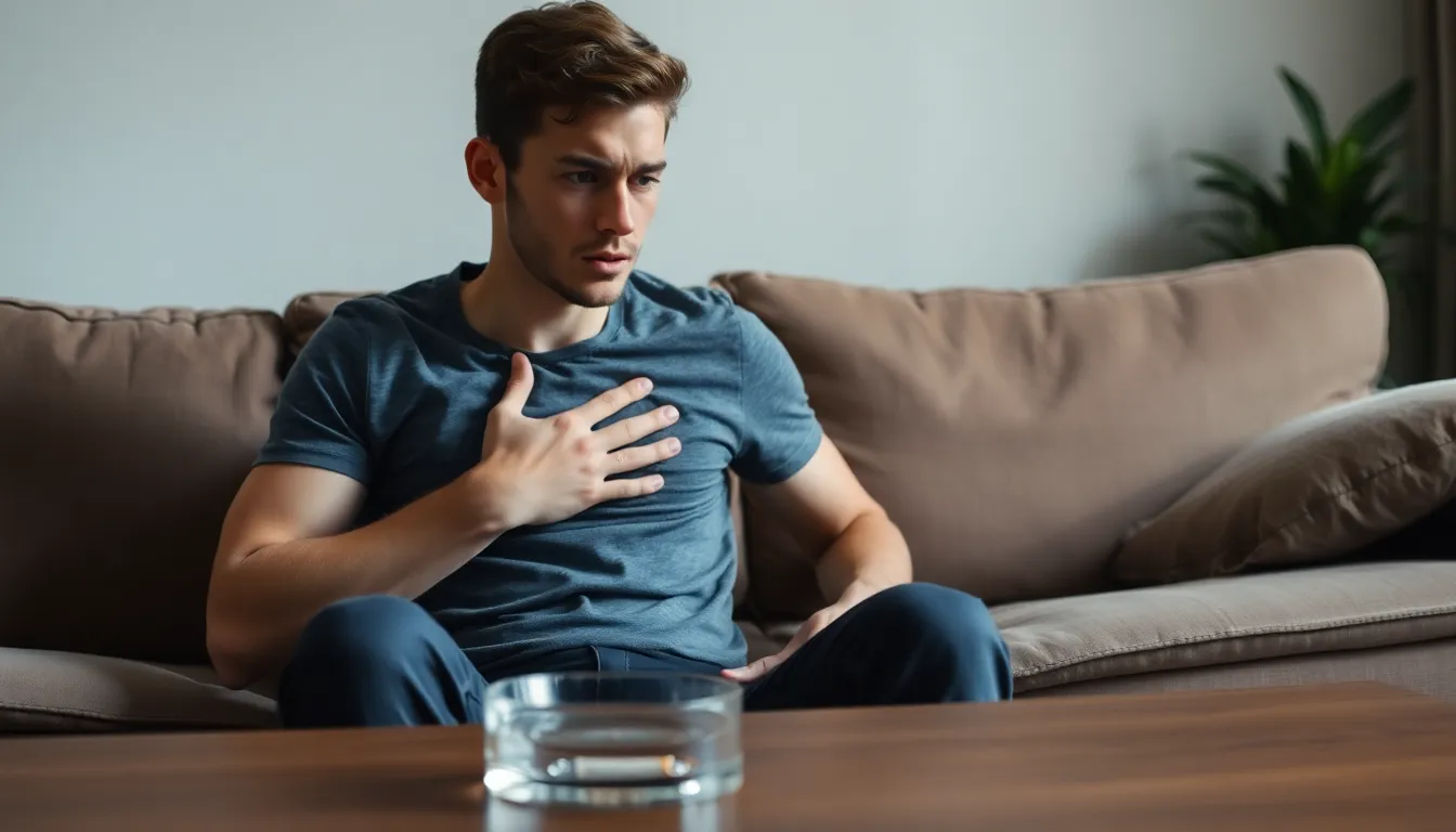 Ein junger Mann sitzt im Wohnzimmer auf dem Sofa und greift sich bei einer Panikattacke an die Brust, vor ihm eine brennende Zigarette im Aschenbecher
