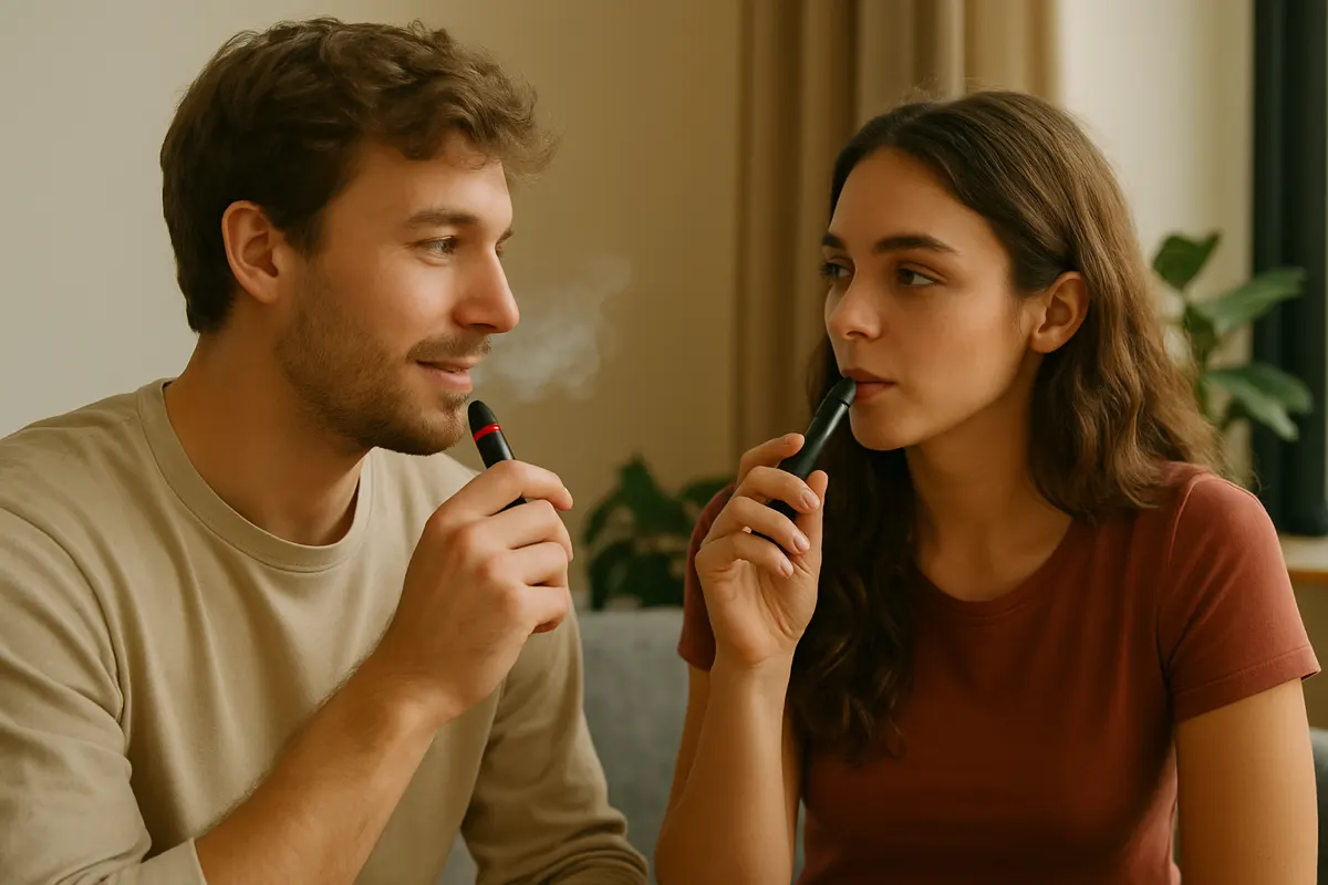 Ein junger Mann und eine junge Frau sitzen zusammen auf dem Sofa, unterhalten sich ruhig und rauchen dabei gemeinsam eine E-Zigarette.