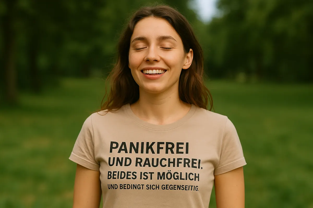 Eine junge Frau lächelt glücklich mit geschlossenen Augen im Park. Ihr T-Shirt trägt die Aufschrift: Panikfrei und rauchfrei. Beides ist möglich und bedingt sich gegenseitig.