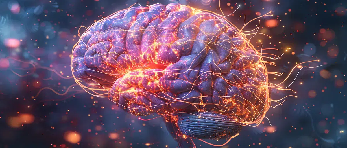 Visualisierung eines menschlichen Gehirns mit leuchtenden Synapsen zur Erklärung, wie man Neuroplastizitaet gegen Angst und Panik einsetzen kann