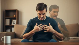 Ein junger Mann sitzt auf dem Sofa und hat Brustschmerzen. Handelt es sich nur um eine Panikattacke oder ist es ein Herzinfarkt?