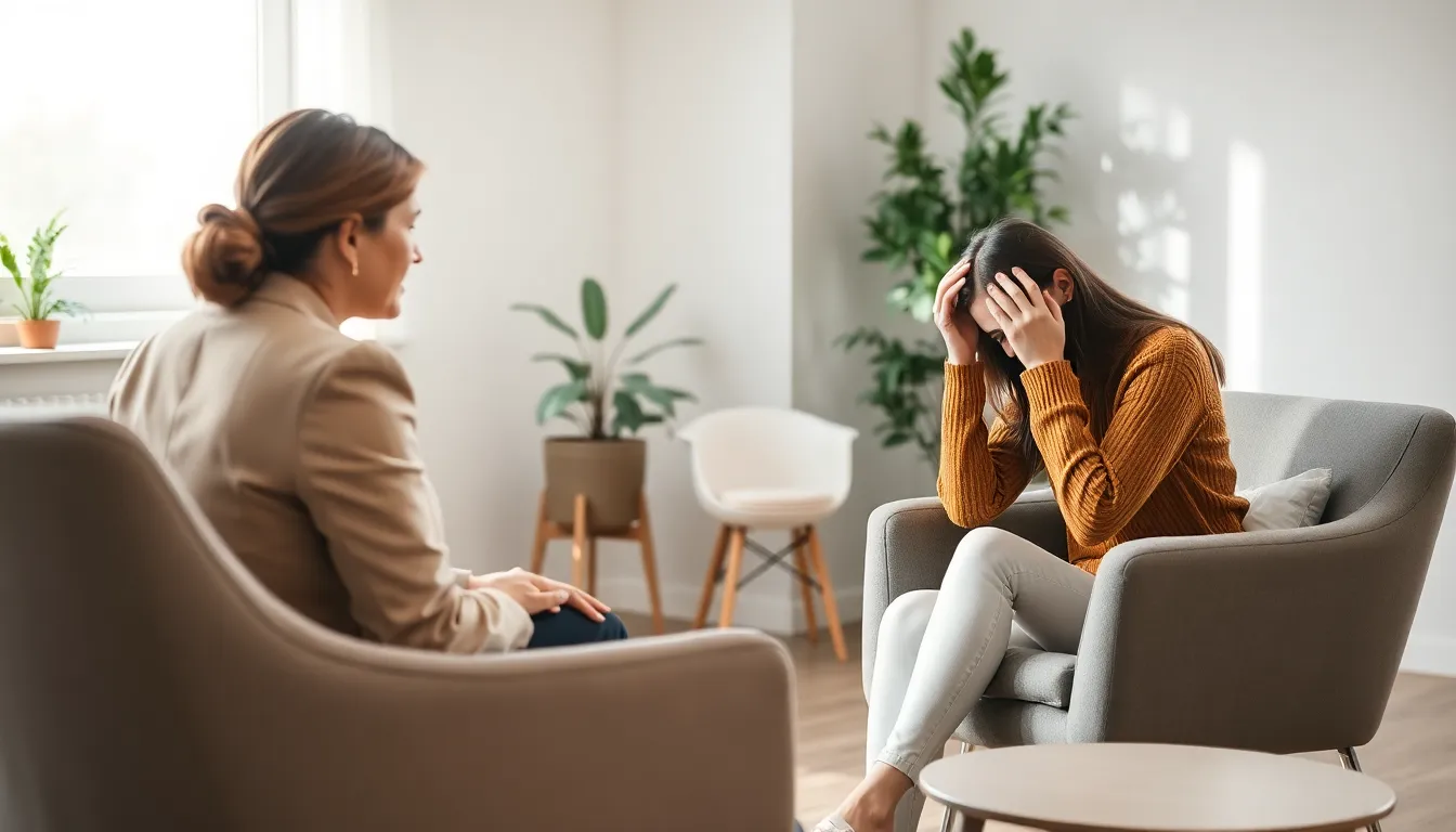 Eine junge Frau besucht eine Therapie wegen Panikattacken. Die Therapeutin spricht ruhig mit ihr in einem elegant eingerichteten Raum, der in Erdtönen gehalten ist.