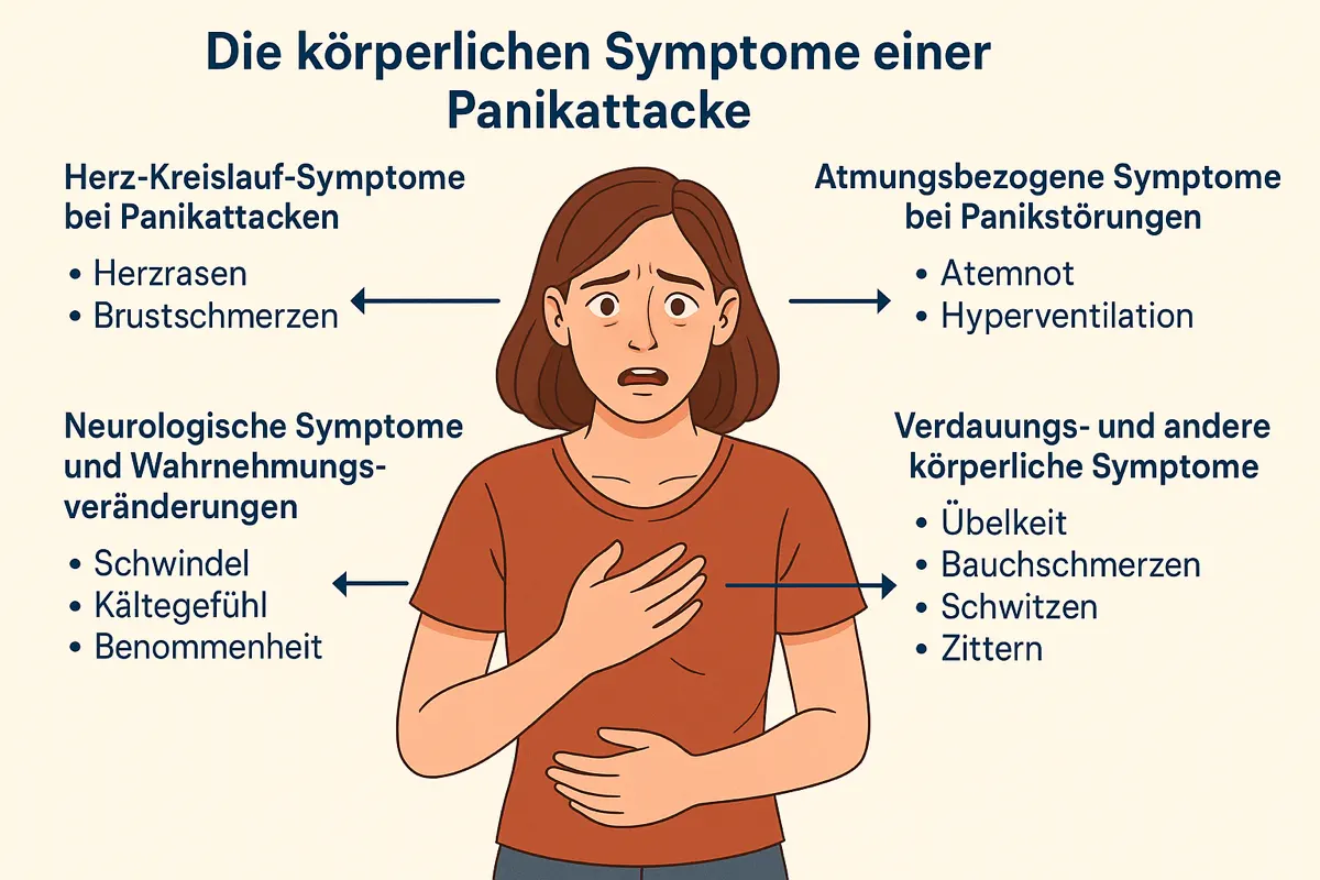 Grafik einer jungen mit Panikattacke. Zahlreiche körperliche Symptome wie Zittern, Schwitzen, Übelkeit, Herzrasen, Atemnot und vieles mehr sind aufgeführt.